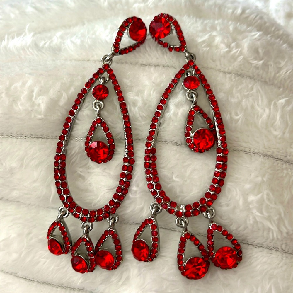 Red rhinestone and silver statement piece earrings perfect for the holidays❤️